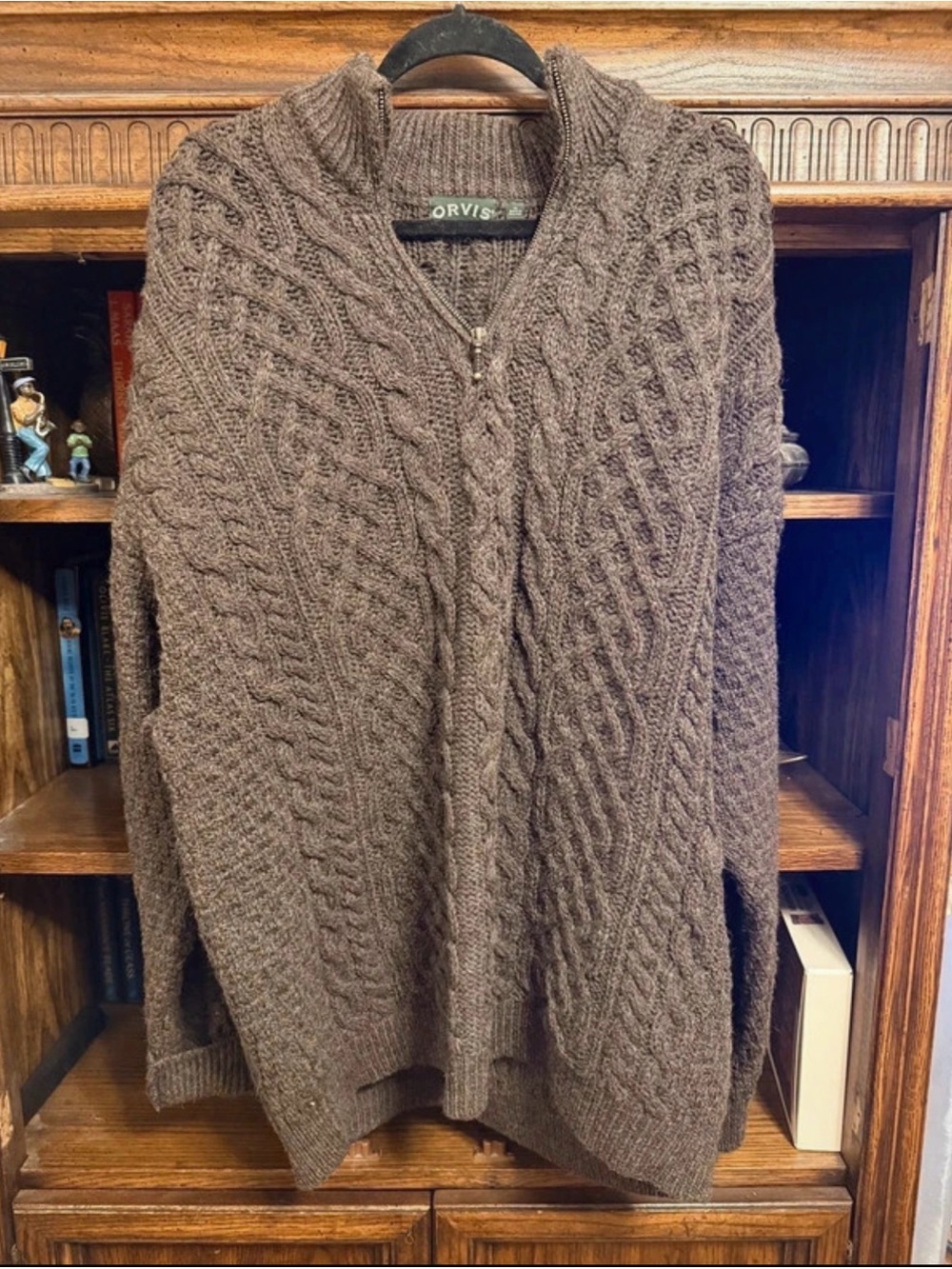 Orvis 100% Wool Sweater XL Made in Ireland Cable Knit Fisherman Brown Pullover